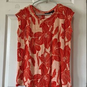 Tahari Orange and Cream Floral Blouse Cap Sleeve Round Neck button back Sz S